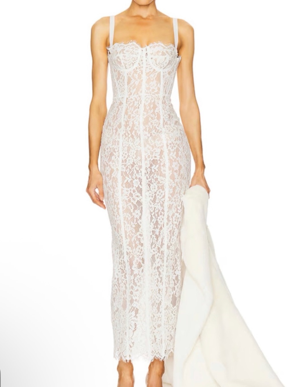 Sheer White Strapless Lace Corset Maxi Dress